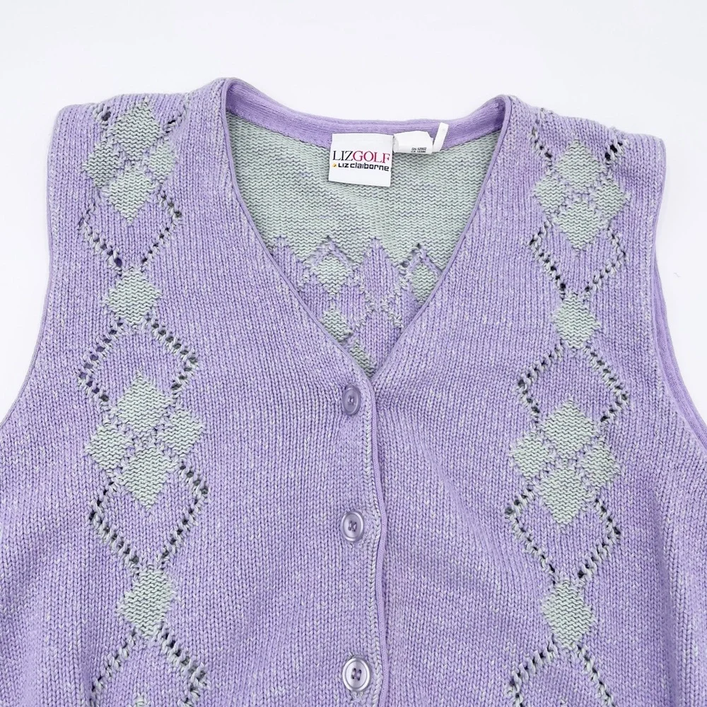 Vintage 90s Y2K Preppy Liz Golf Pastel Purple Green Argyle Knit Sweater Vest - Picture 3 of 8